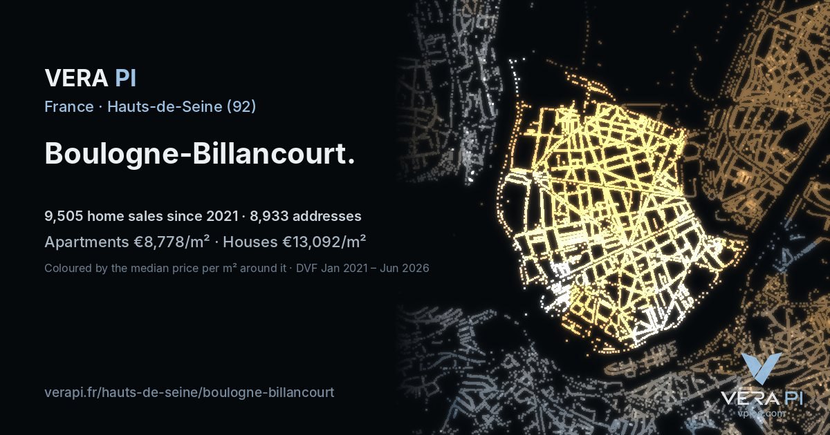 Port de Boulogne Les studios, Boulogne-Billancourt at night – every parcel coloured by the prices around it, the street's own parcels lit