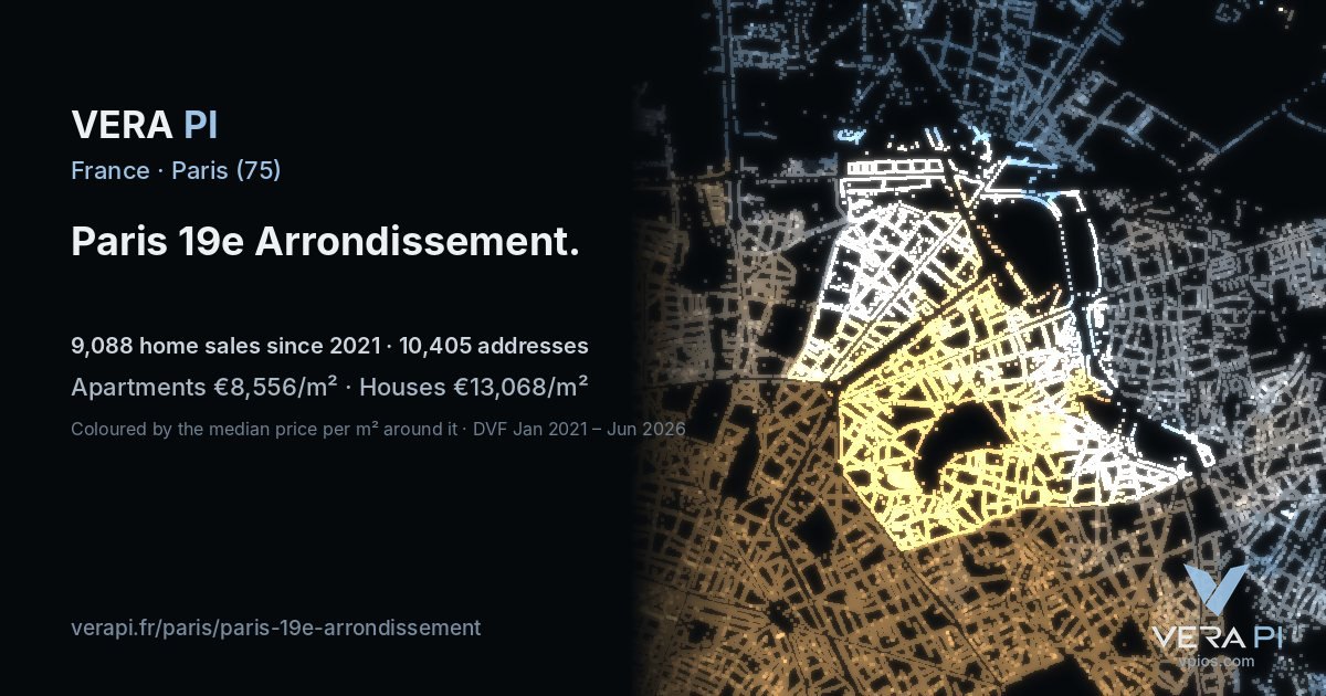 Voie Dk/19, 19e arrondissement at night – every parcel coloured by the prices around it, the street's own parcels lit
