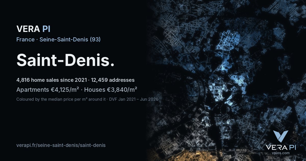 Les Jardins Wilson, Saint-Denis at night – every parcel coloured by the prices around it, the street's own parcels lit