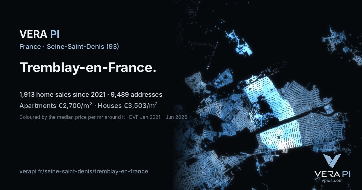 Rue de Meaux, Tremblay-en-France at night – every parcel coloured by the prices around it, the street's own parcels lit