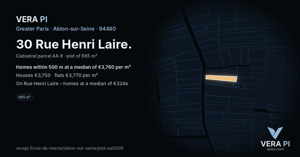 30 Rue Henri Laire, Ablon-sur-Seine at night – the plot lit, the parcels around coloured by the prices near them
