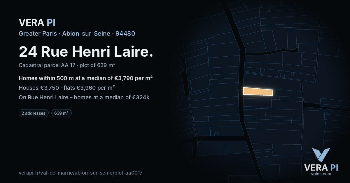 24 Rue Henri Laire, Ablon-sur-Seine at night – the plot lit, the parcels around coloured by the prices near them