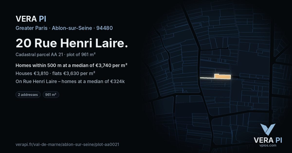 20 Rue Henri Laire, Ablon-sur-Seine at night – the plot lit, the parcels around coloured by the prices near them