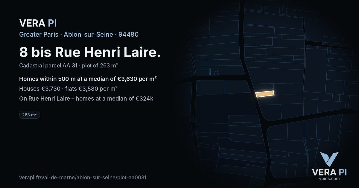 8 bis Rue Henri Laire, Ablon-sur-Seine at night – the plot lit, the parcels around coloured by the prices near them