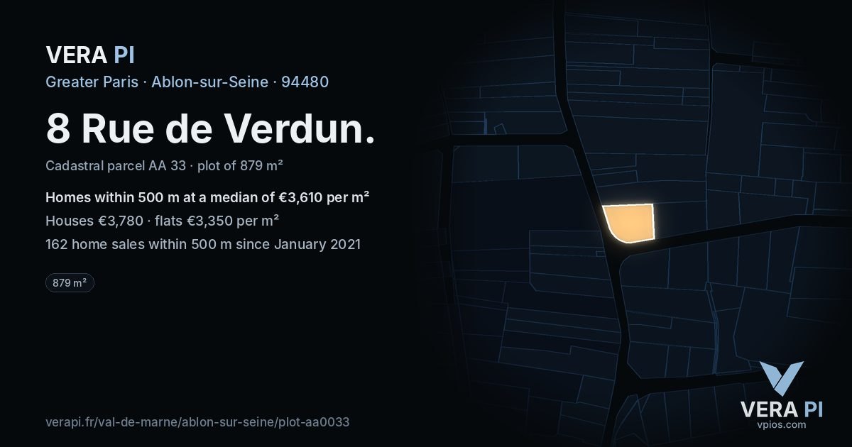 8 Rue de Verdun, Ablon-sur-Seine at night – the plot lit, the parcels around coloured by the prices near them
