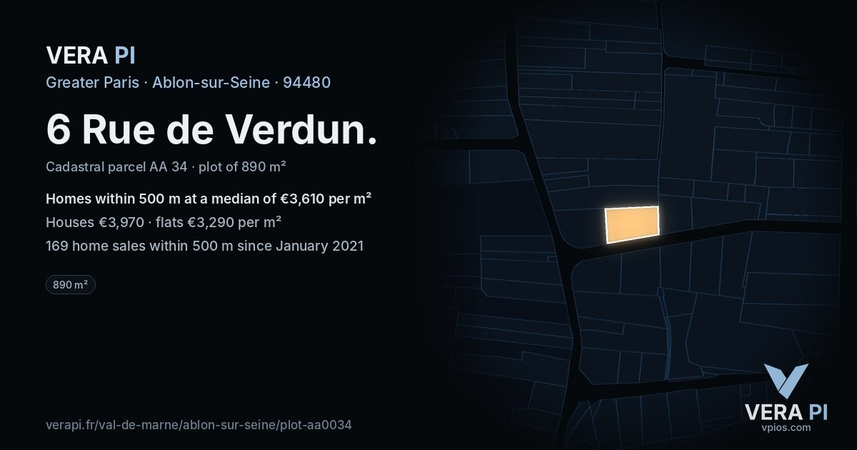 6 Rue de Verdun, Ablon-sur-Seine at night – the plot lit, the parcels around coloured by the prices near them