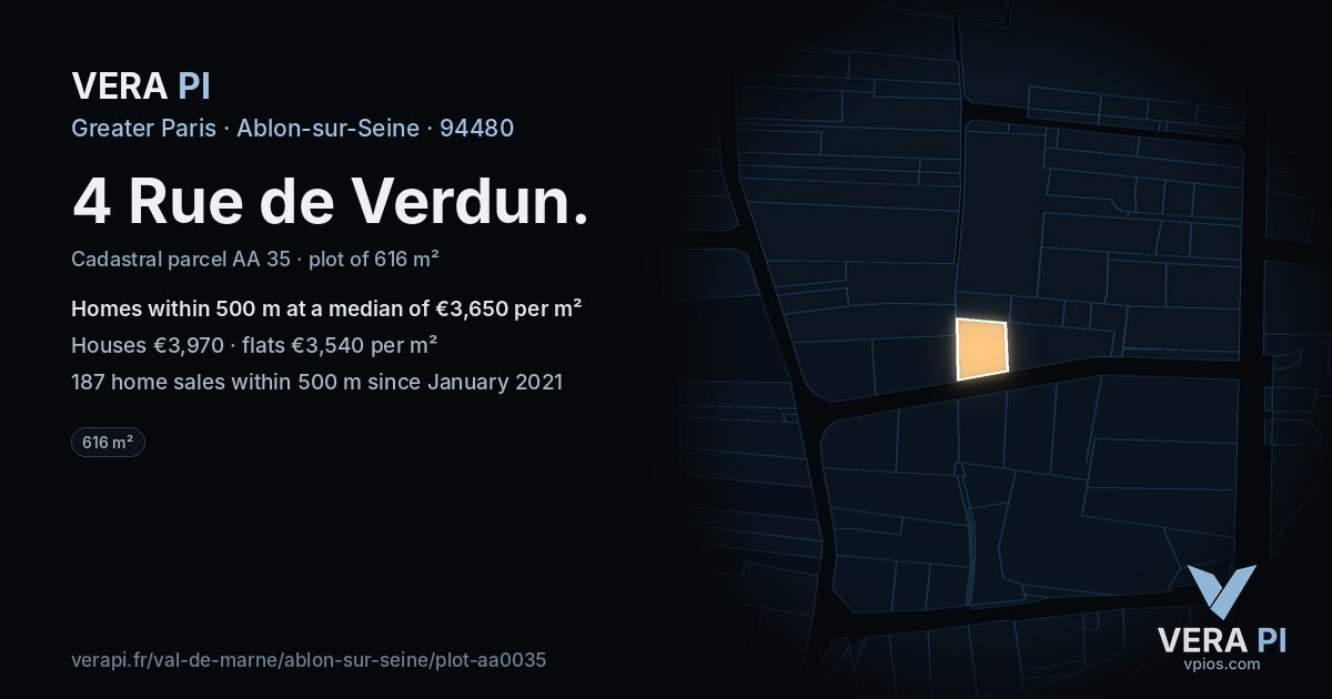 4 Rue de Verdun, Ablon-sur-Seine at night – the plot lit, the parcels around coloured by the prices near them