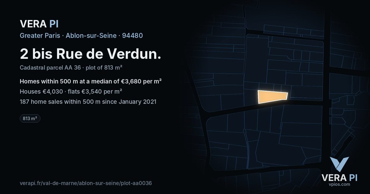 2 bis Rue de Verdun, Ablon-sur-Seine at night – the plot lit, the parcels around coloured by the prices near them