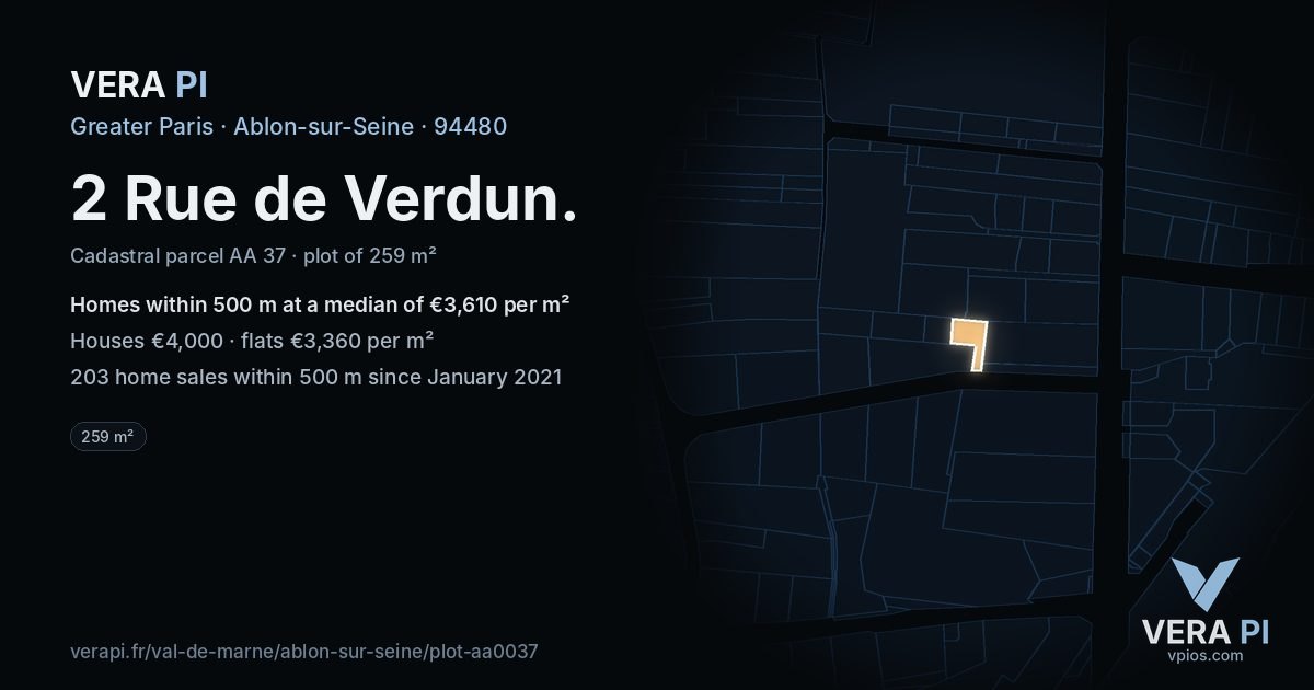 2 Rue de Verdun, Ablon-sur-Seine at night – the plot lit, the parcels around coloured by the prices near them