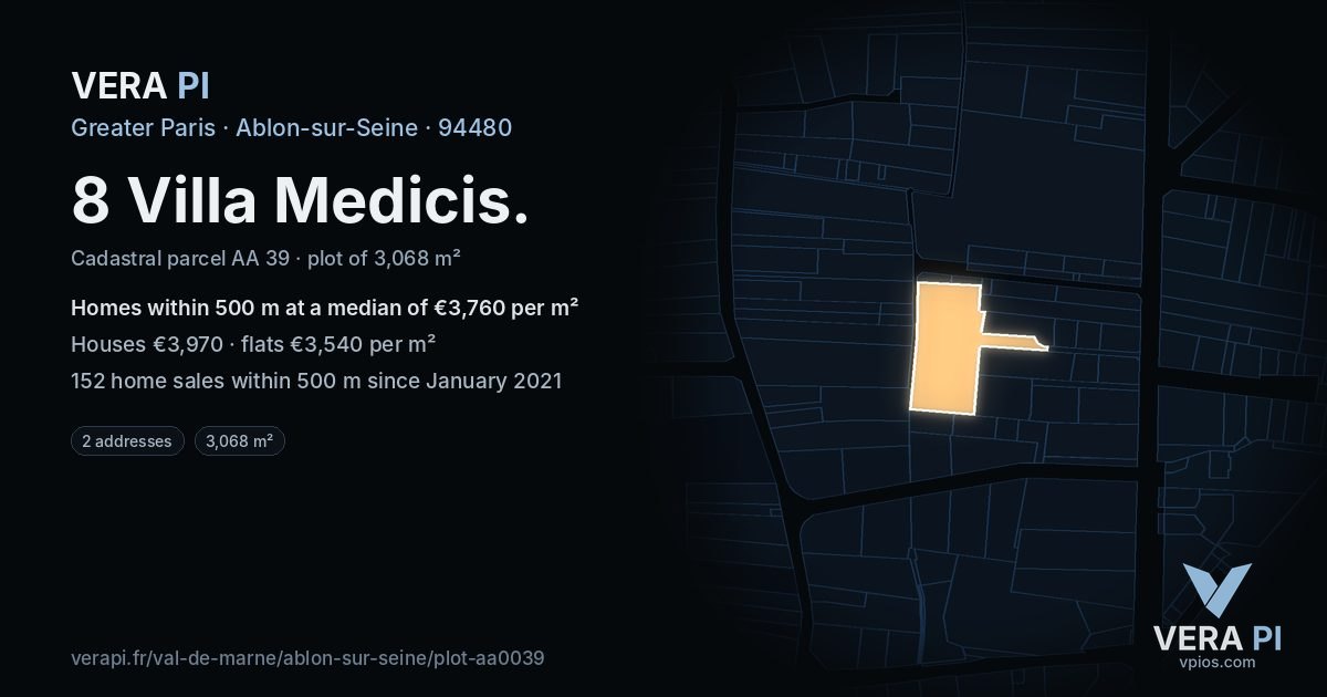 8 Villa Medicis, Ablon-sur-Seine at night – the plot lit, the parcels around coloured by the prices near them