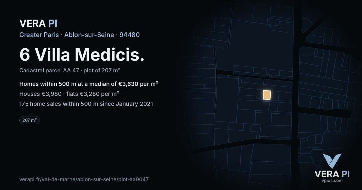 6 Villa Medicis, Ablon-sur-Seine at night – the plot lit, the parcels around coloured by the prices near them