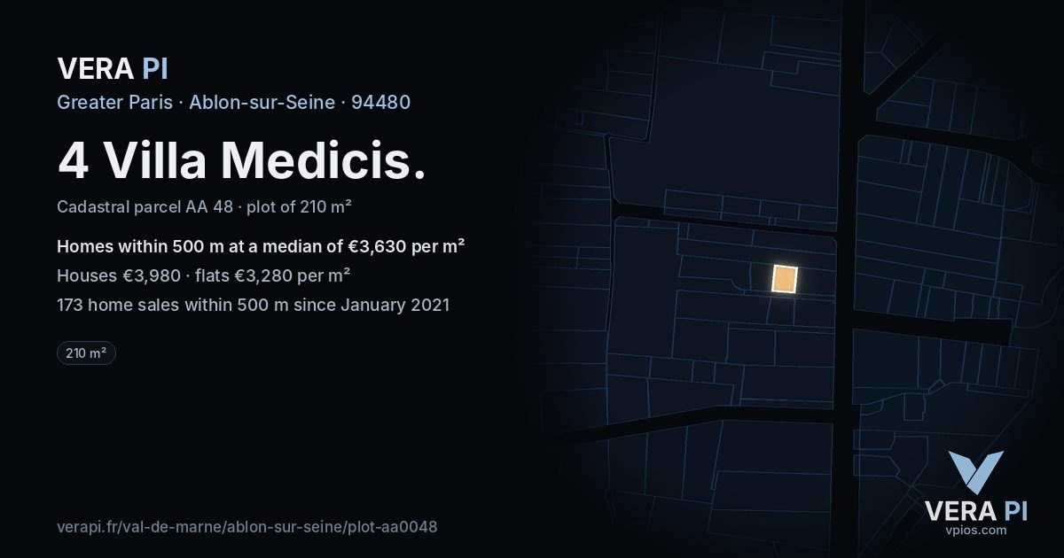 4 Villa Medicis, Ablon-sur-Seine at night – the plot lit, the parcels around coloured by the prices near them