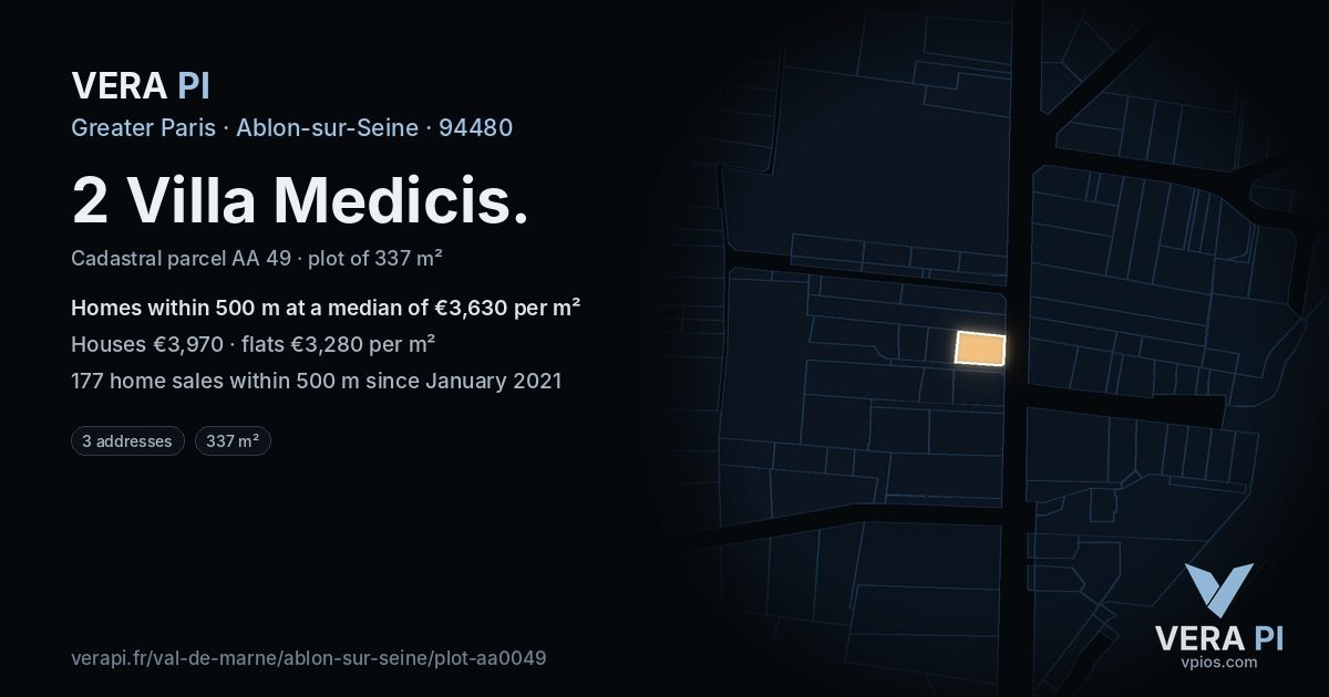 2 Villa Medicis, Ablon-sur-Seine at night – the plot lit, the parcels around coloured by the prices near them