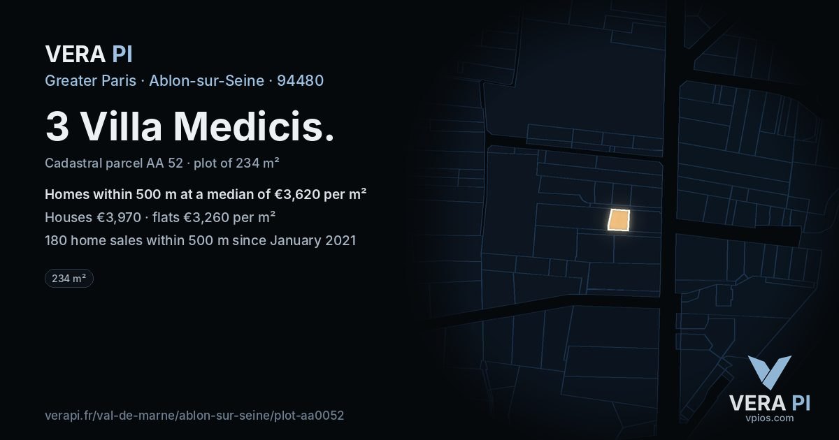 3 Villa Medicis, Ablon-sur-Seine at night – the plot lit, the parcels around coloured by the prices near them