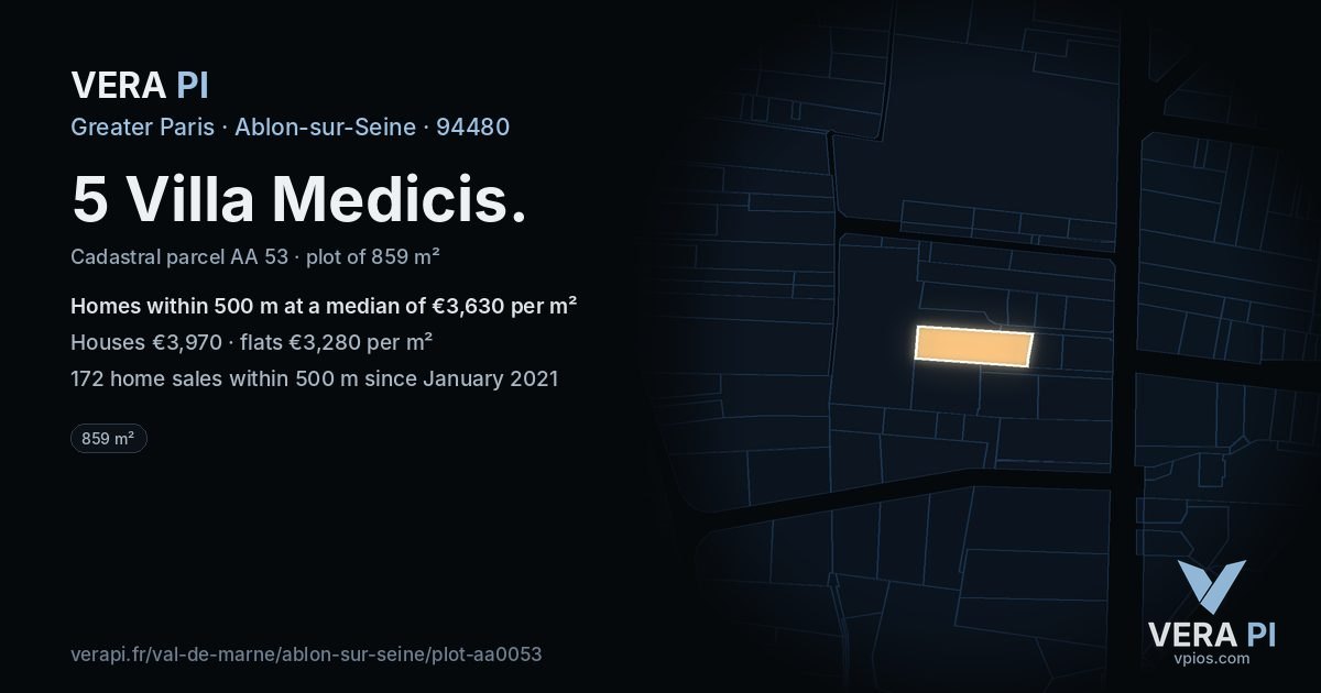 5 Villa Medicis, Ablon-sur-Seine at night – the plot lit, the parcels around coloured by the prices near them