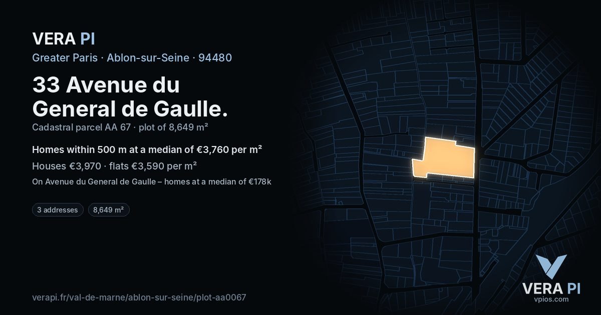 33 Avenue du General de Gaulle, Ablon-sur-Seine at night – the plot lit, the parcels around coloured by the prices near them