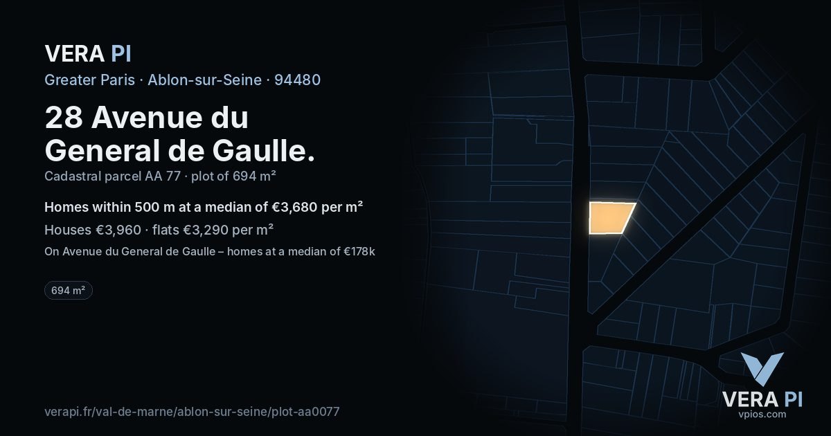 28 Avenue du General de Gaulle, Ablon-sur-Seine at night – the plot lit, the parcels around coloured by the prices near them