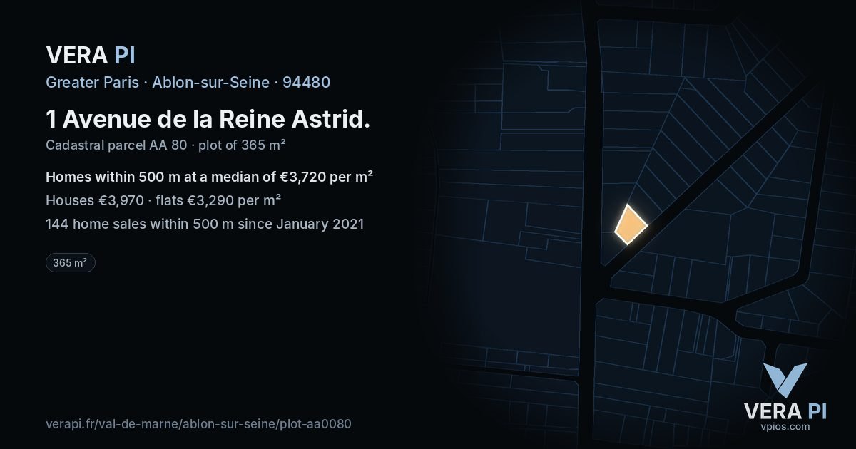 1 Avenue de la Reine Astrid, Ablon-sur-Seine at night – the plot lit, the parcels around coloured by the prices near them