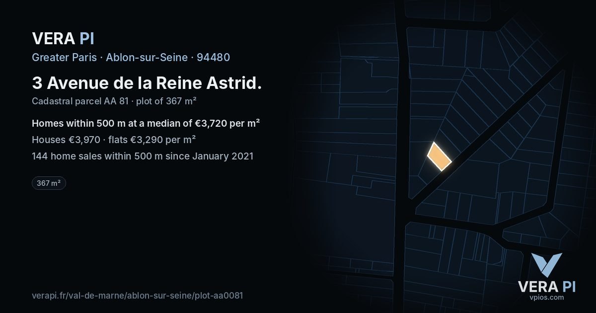 3 Avenue de la Reine Astrid, Ablon-sur-Seine at night – the plot lit, the parcels around coloured by the prices near them