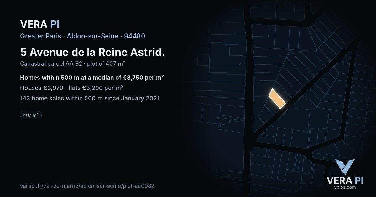 5 Avenue de la Reine Astrid, Ablon-sur-Seine at night – the plot lit, the parcels around coloured by the prices near them