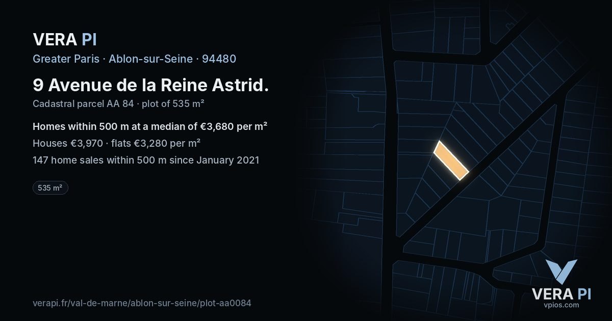 9 Avenue de la Reine Astrid, Ablon-sur-Seine at night – the plot lit, the parcels around coloured by the prices near them