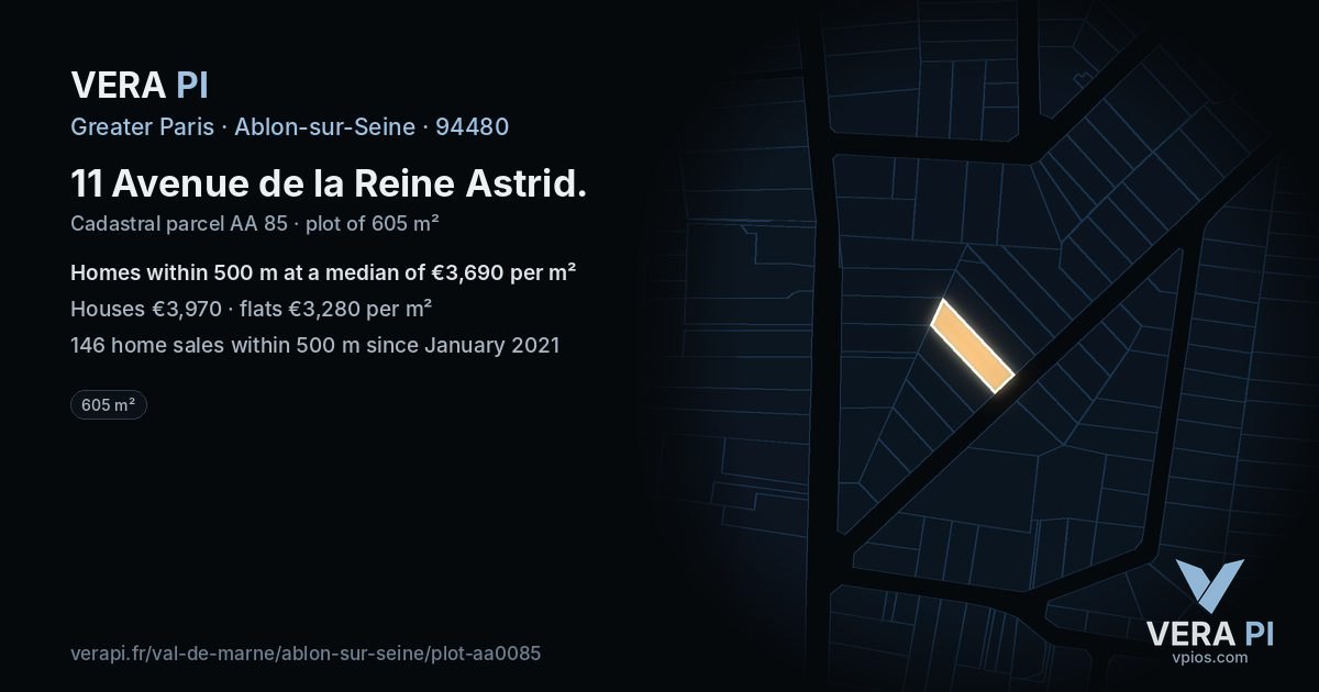11 Avenue de la Reine Astrid, Ablon-sur-Seine at night – the plot lit, the parcels around coloured by the prices near them