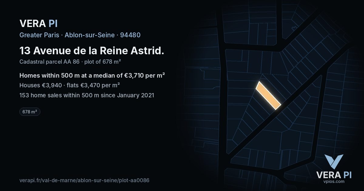 13 Avenue de la Reine Astrid, Ablon-sur-Seine at night – the plot lit, the parcels around coloured by the prices near them