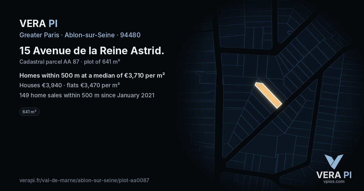 15 Avenue de la Reine Astrid, Ablon-sur-Seine at night – the plot lit, the parcels around coloured by the prices near them