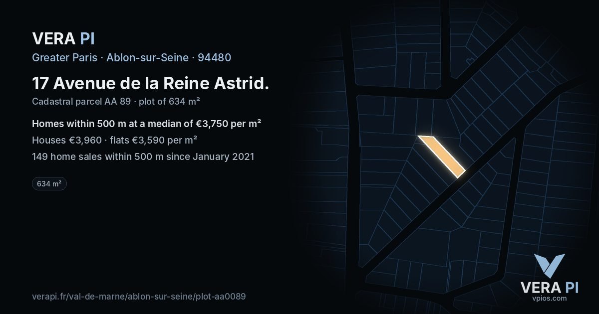 17 Avenue de la Reine Astrid, Ablon-sur-Seine at night – the plot lit, the parcels around coloured by the prices near them