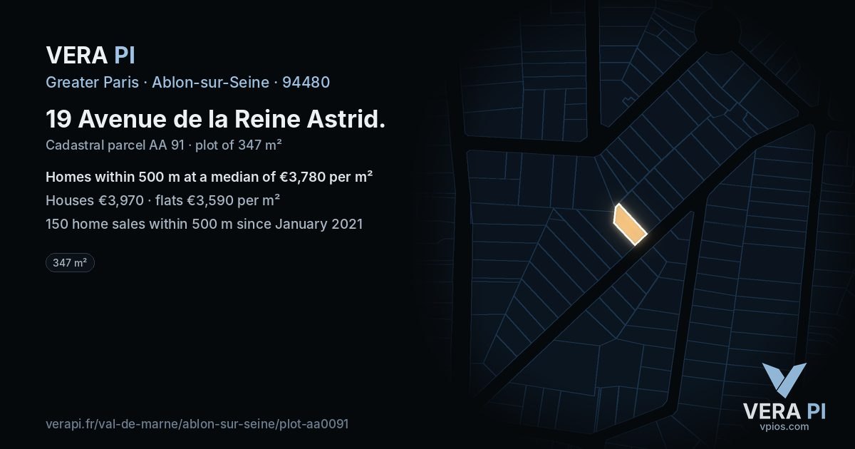 19 Avenue de la Reine Astrid, Ablon-sur-Seine at night – the plot lit, the parcels around coloured by the prices near them