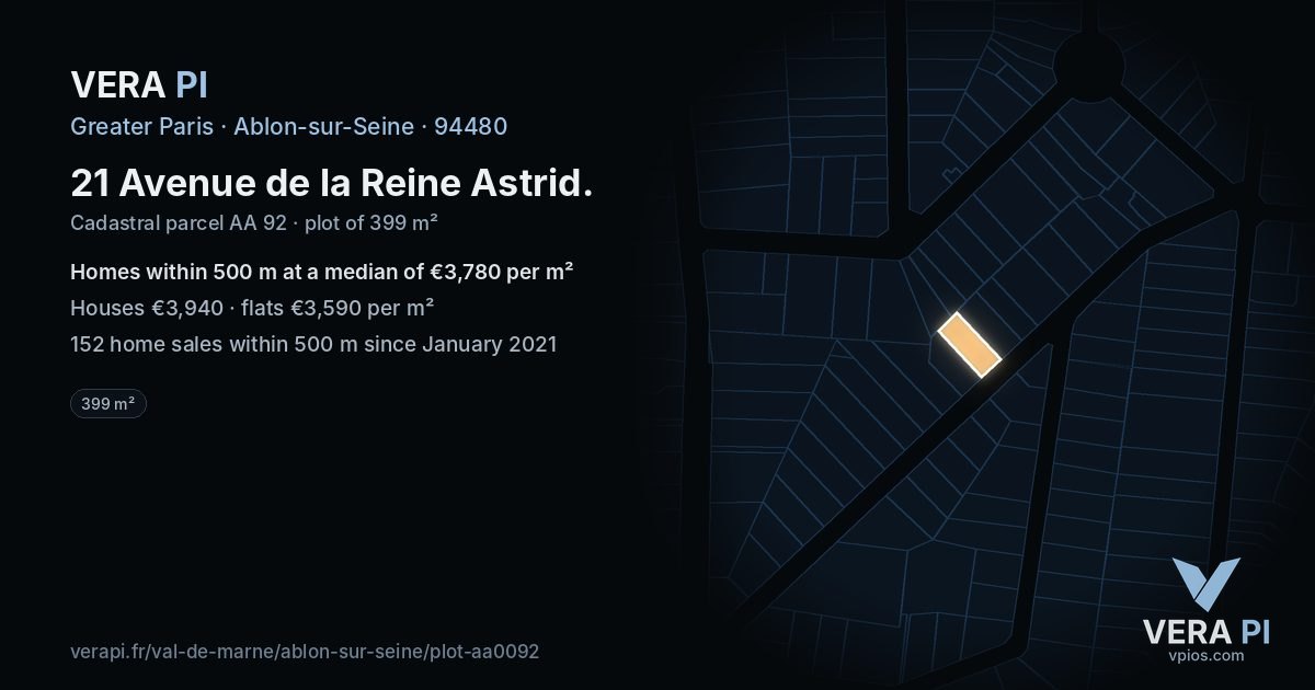 21 Avenue de la Reine Astrid, Ablon-sur-Seine at night – the plot lit, the parcels around coloured by the prices near them