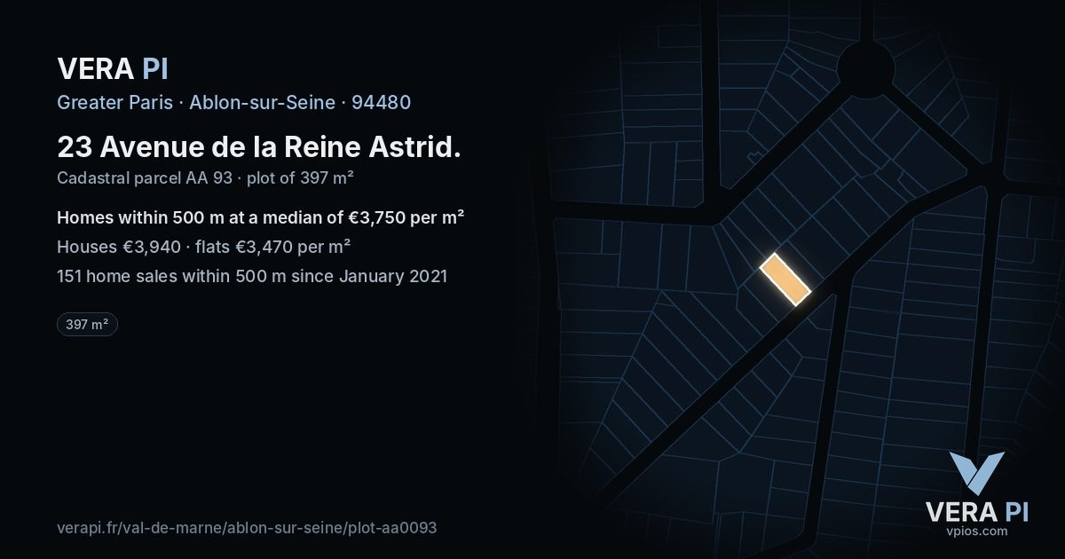 23 Avenue de la Reine Astrid, Ablon-sur-Seine at night – the plot lit, the parcels around coloured by the prices near them