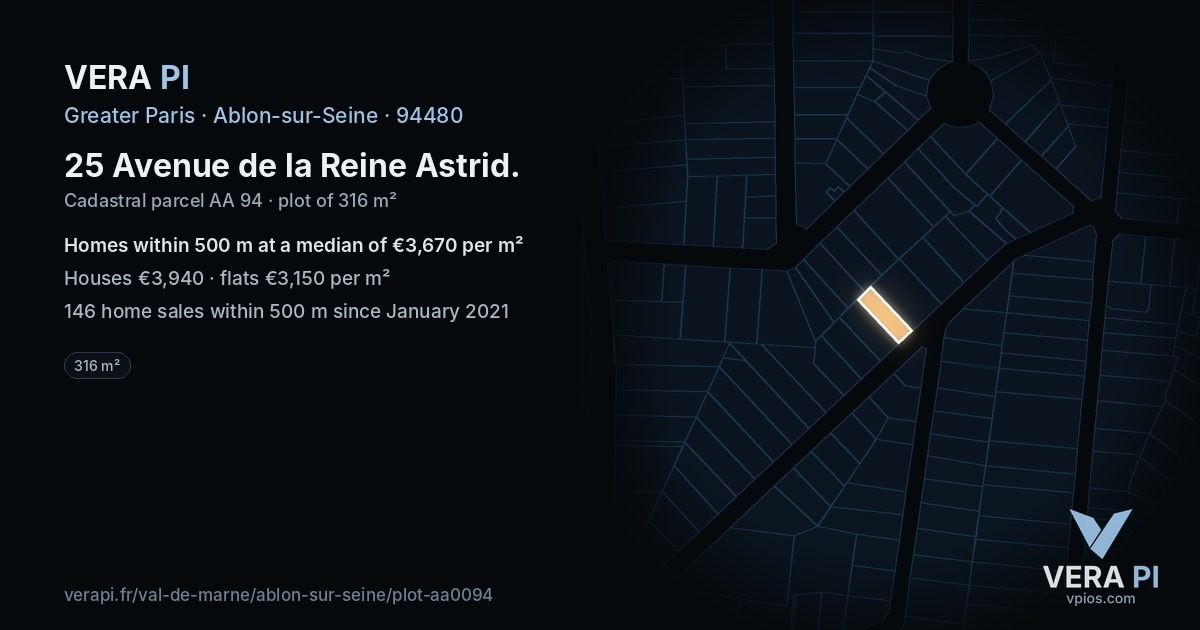 25 Avenue de la Reine Astrid, Ablon-sur-Seine at night – the plot lit, the parcels around coloured by the prices near them