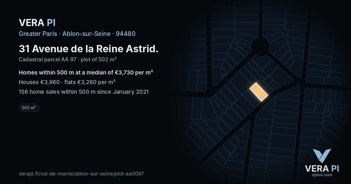 31 Avenue de la Reine Astrid, Ablon-sur-Seine at night – the plot lit, the parcels around coloured by the prices near them