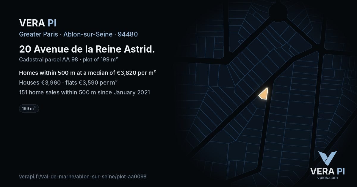 20 Avenue de la Reine Astrid, Ablon-sur-Seine at night – the plot lit, the parcels around coloured by the prices near them