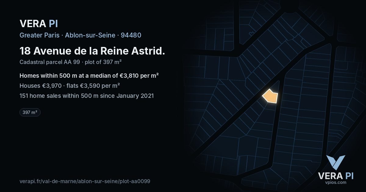 18 Avenue de la Reine Astrid, Ablon-sur-Seine at night – the plot lit, the parcels around coloured by the prices near them