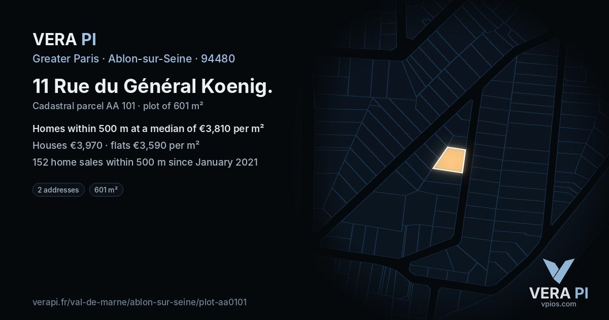 11 Rue du Général Koenig, Ablon-sur-Seine at night – the plot lit, the parcels around coloured by the prices near them