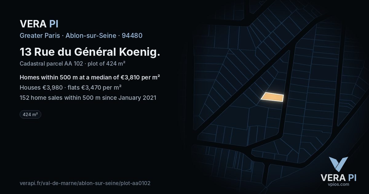 13 Rue du Général Koenig, Ablon-sur-Seine at night – the plot lit, the parcels around coloured by the prices near them