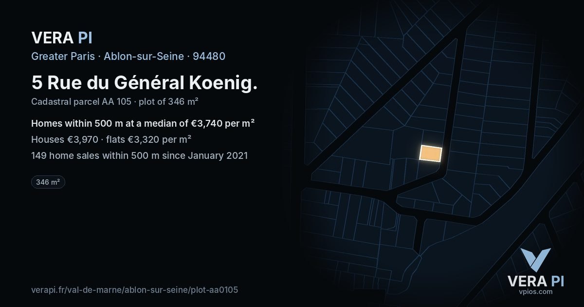 5 Rue du Général Koenig, Ablon-sur-Seine at night – the plot lit, the parcels around coloured by the prices near them
