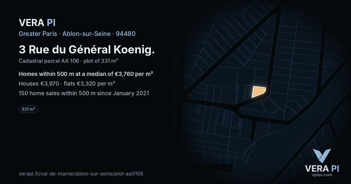 3 Rue du Général Koenig, Ablon-sur-Seine at night – the plot lit, the parcels around coloured by the prices near them