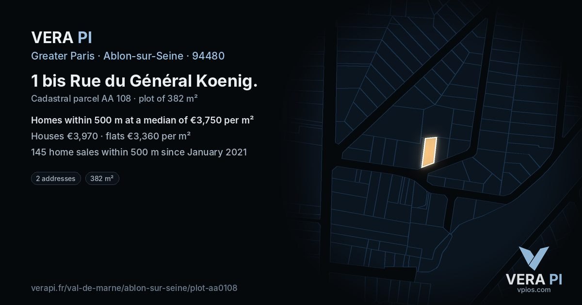 1 bis Rue du Général Koenig, Ablon-sur-Seine at night – the plot lit, the parcels around coloured by the prices near them