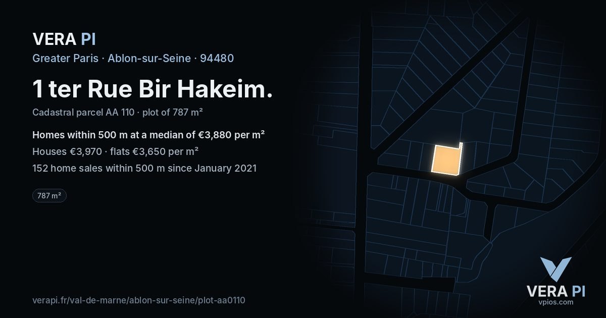 1 ter Rue Bir Hakeim, Ablon-sur-Seine at night – the plot lit, the parcels around coloured by the prices near them