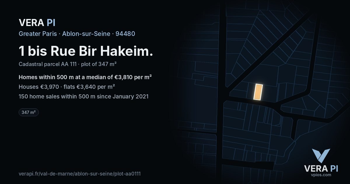 1 bis Rue Bir Hakeim, Ablon-sur-Seine at night – the plot lit, the parcels around coloured by the prices near them