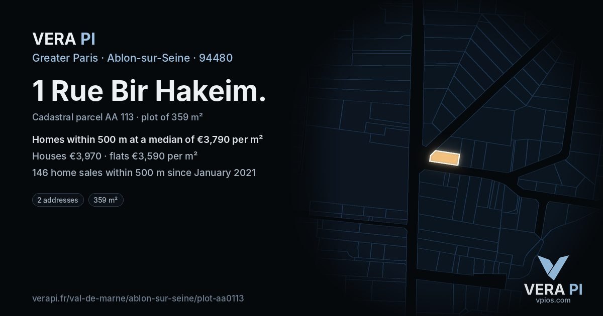 1 Rue Bir Hakeim, Ablon-sur-Seine at night – the plot lit, the parcels around coloured by the prices near them