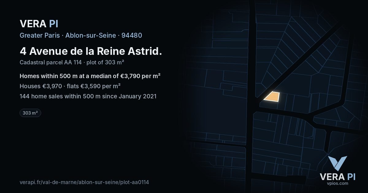 4 Avenue de la Reine Astrid, Ablon-sur-Seine at night – the plot lit, the parcels around coloured by the prices near them