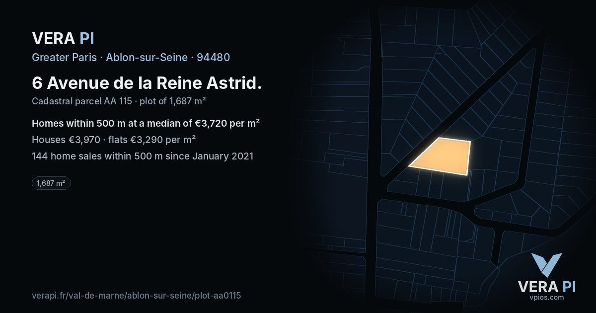 6 Avenue de la Reine Astrid, Ablon-sur-Seine at night – the plot lit, the parcels around coloured by the prices near them