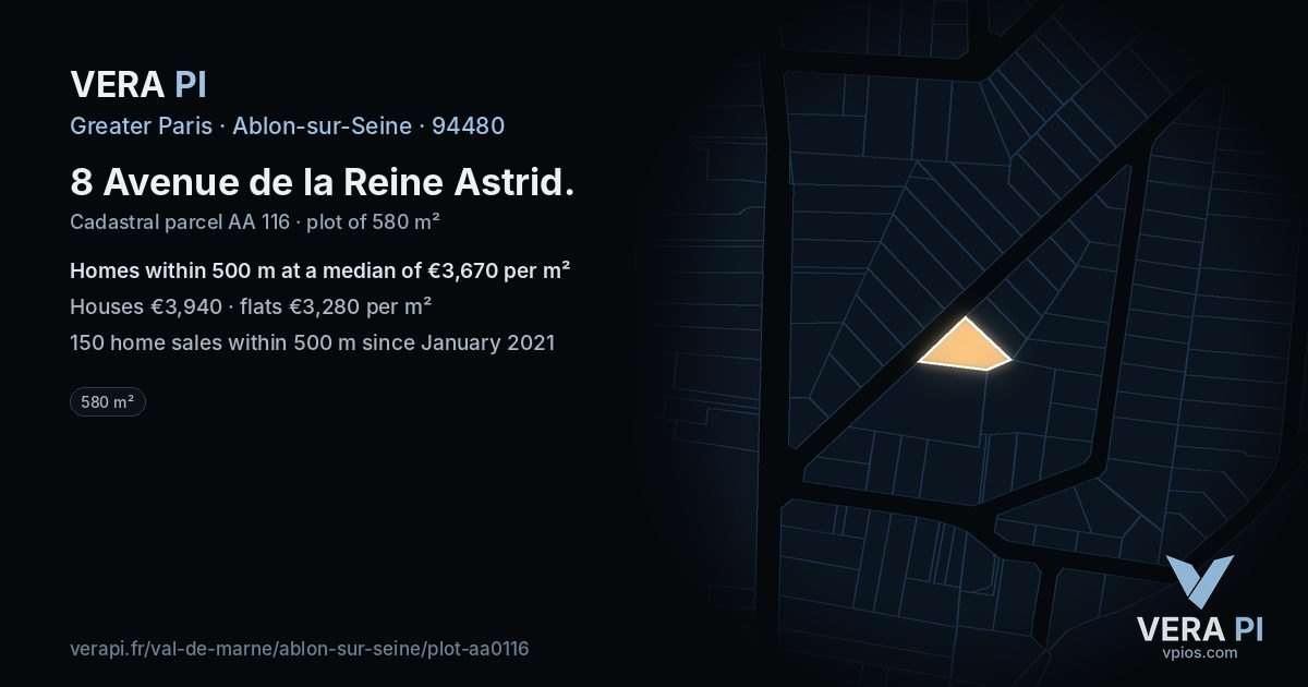 8 Avenue de la Reine Astrid, Ablon-sur-Seine at night – the plot lit, the parcels around coloured by the prices near them