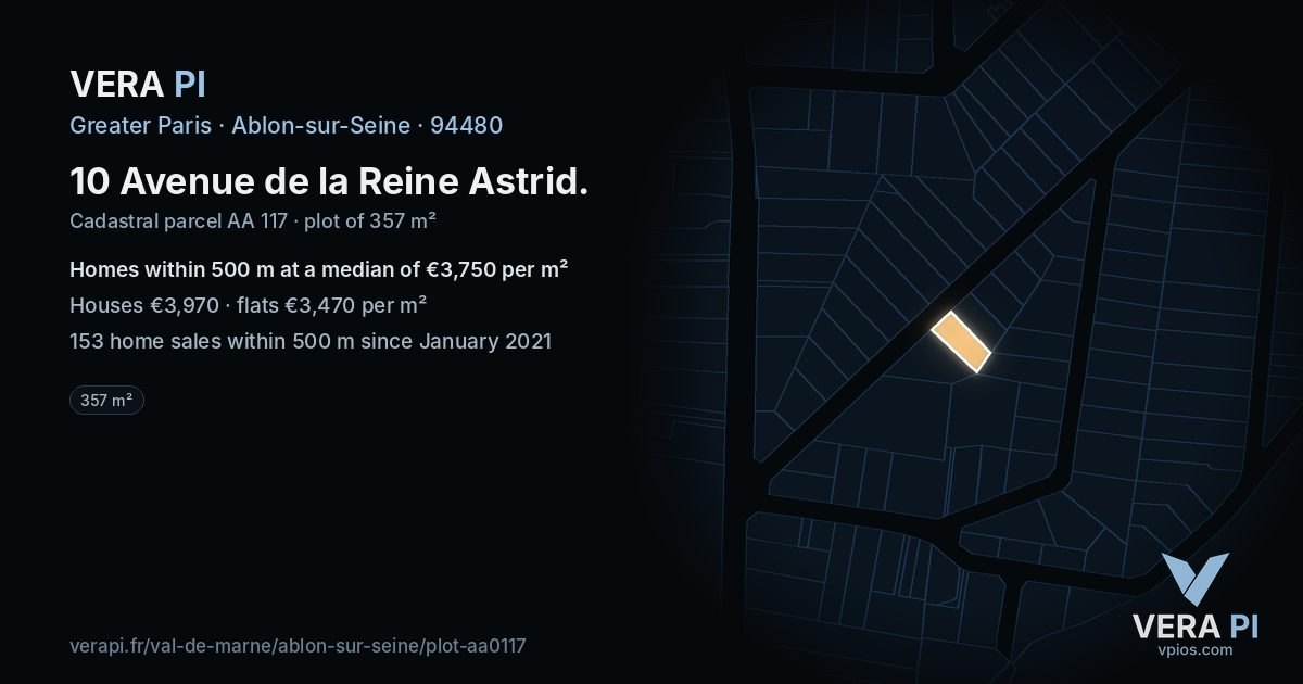 10 Avenue de la Reine Astrid, Ablon-sur-Seine at night – the plot lit, the parcels around coloured by the prices near them
