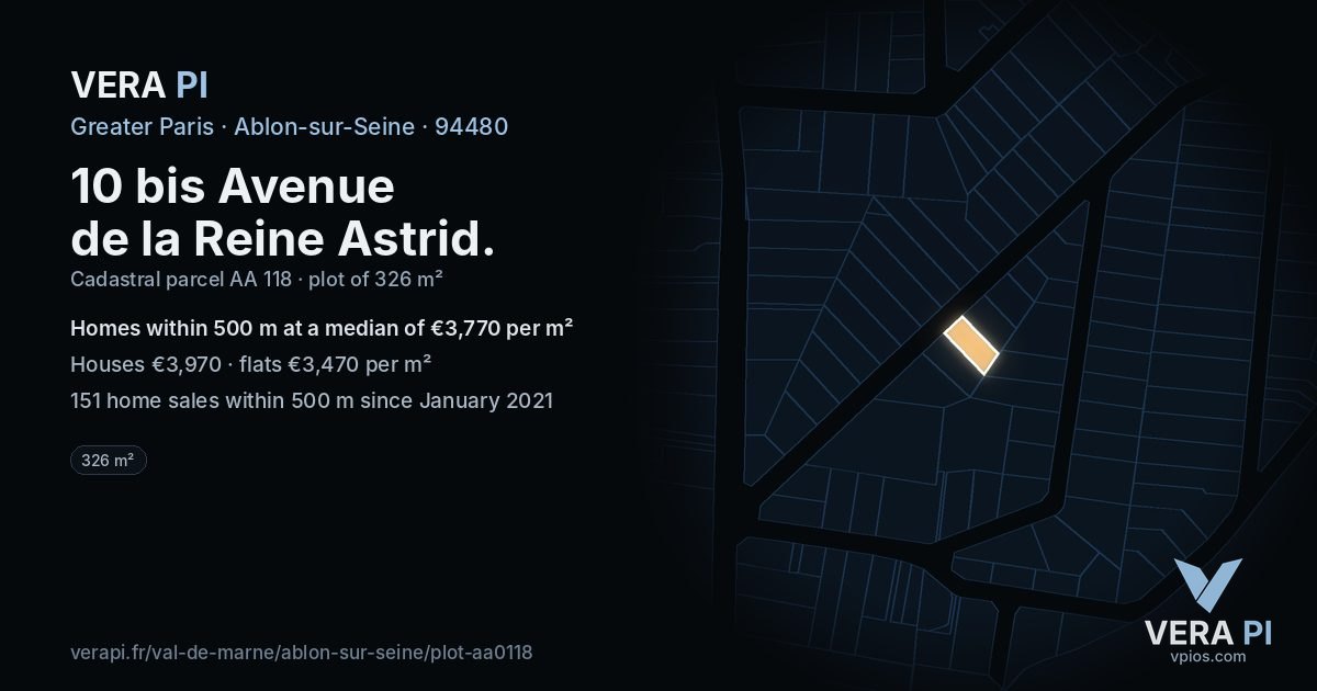 10 bis Avenue de la Reine Astrid, Ablon-sur-Seine at night – the plot lit, the parcels around coloured by the prices near them