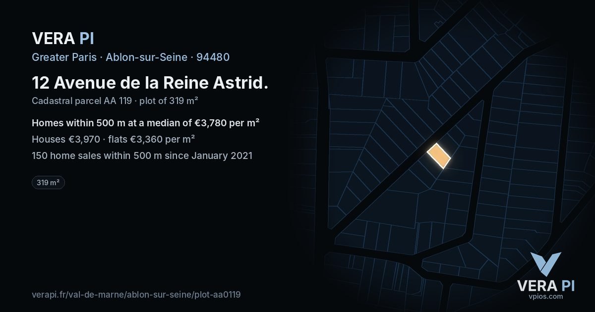12 Avenue de la Reine Astrid, Ablon-sur-Seine at night – the plot lit, the parcels around coloured by the prices near them
